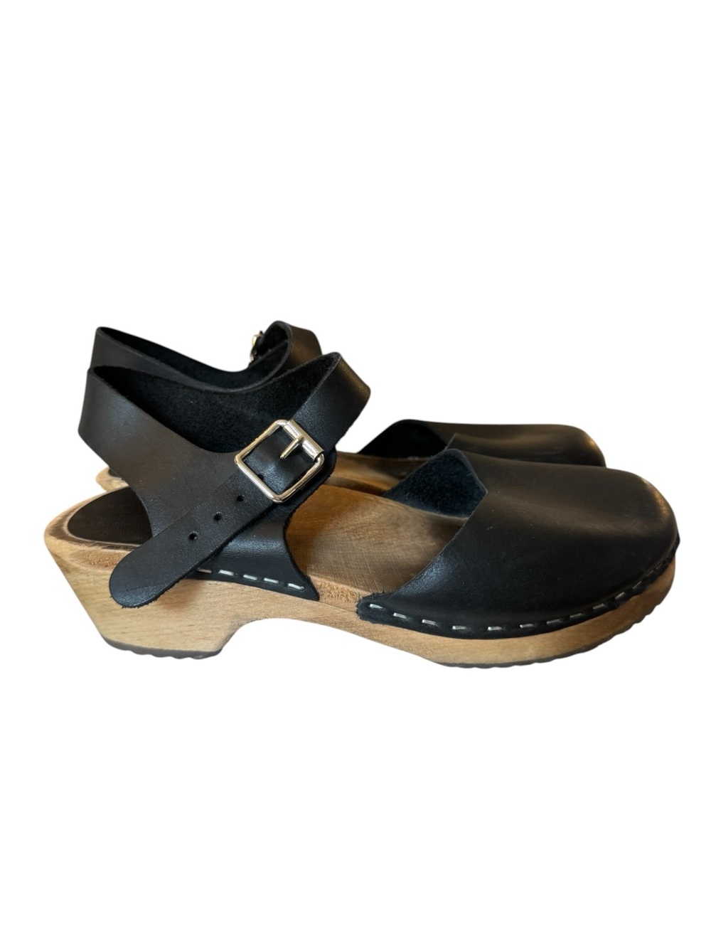 Swedish Black Leather Wood Clogs Ankle Strap Made in Sweden Size 36 (6)